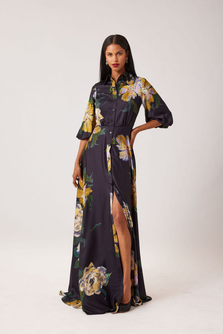 Teri Jon Chiffon Foral Shirt Gown