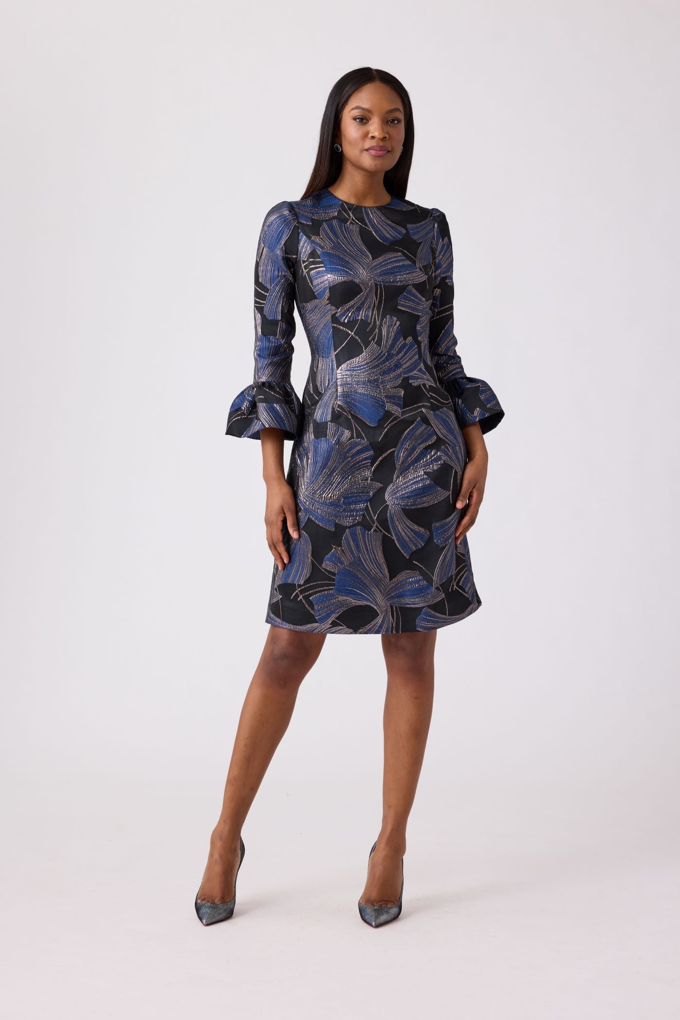 Teri Jon Metallic Jacquard Flounce Cuff Dress