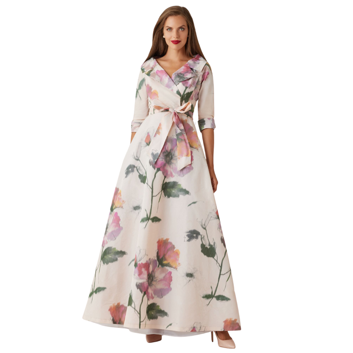 Teri Jon Taffeta Digital Print Collar Shirt Gown
